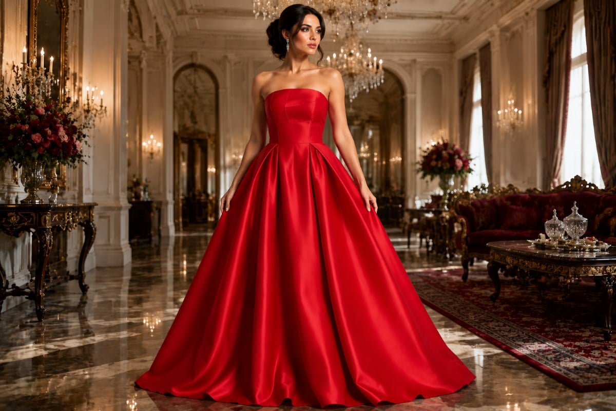 Red strapless satin ball gown studio look