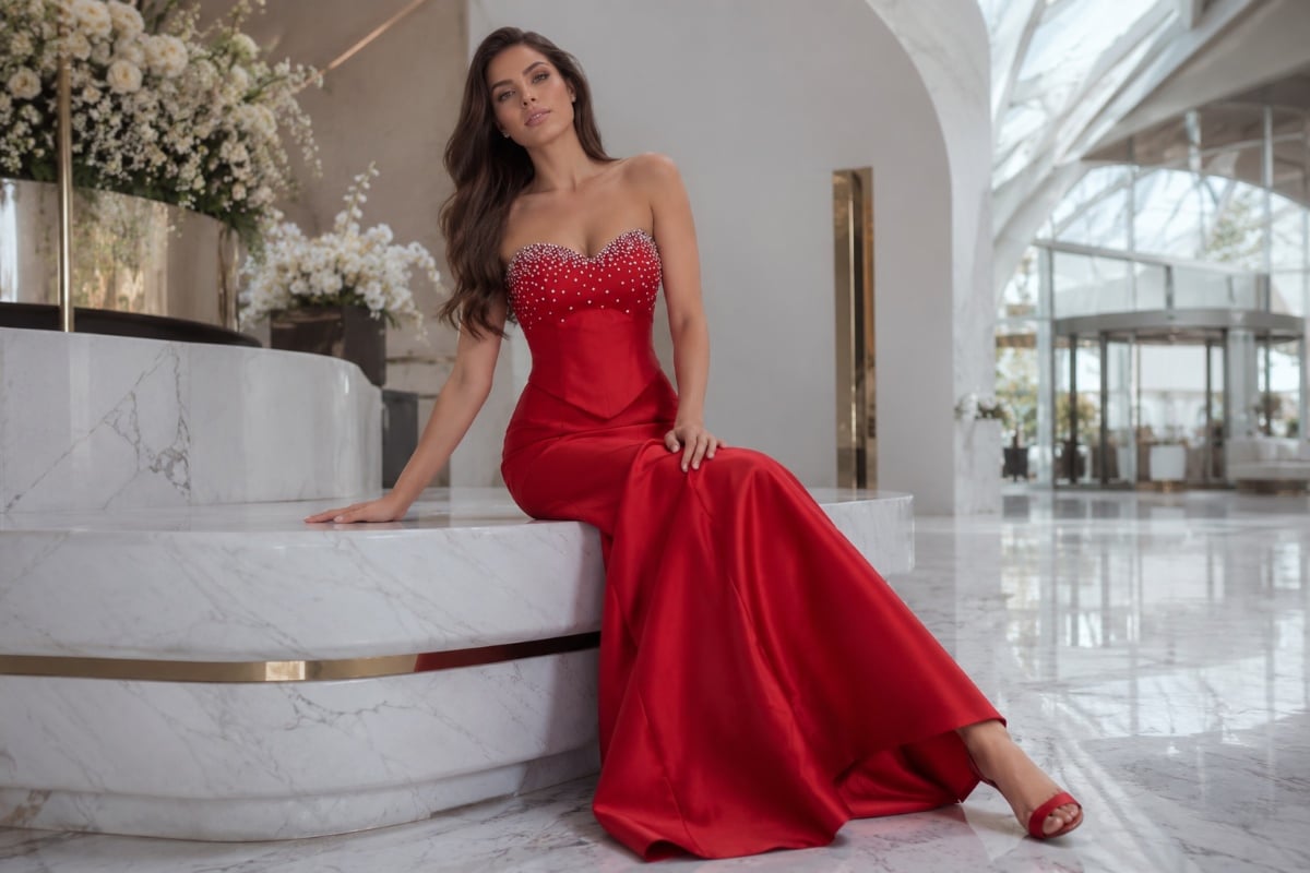 Red strapless gown editorial wedding guest look