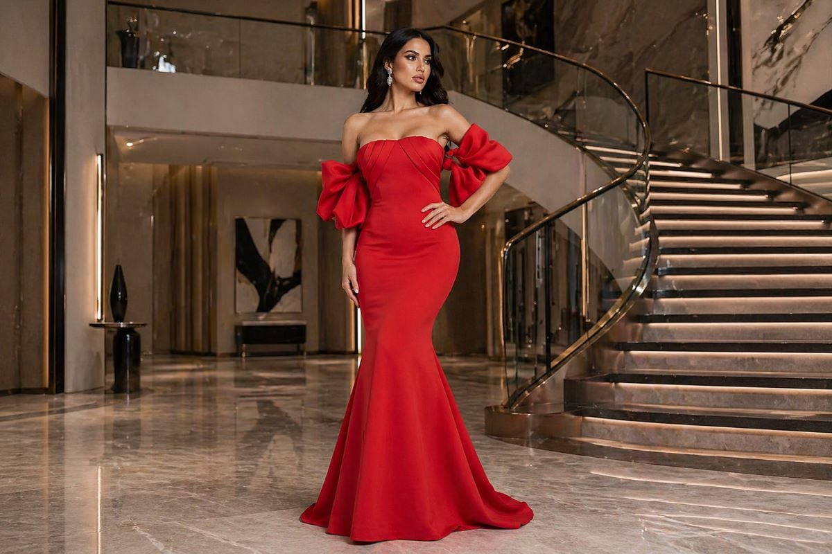 red strapless mermaid evening gown with off-shoulder bow sleeves