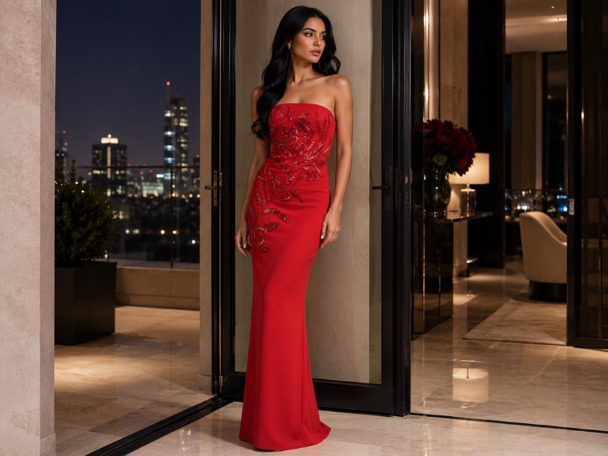 Red strapless embroidered evening gown in penthouse