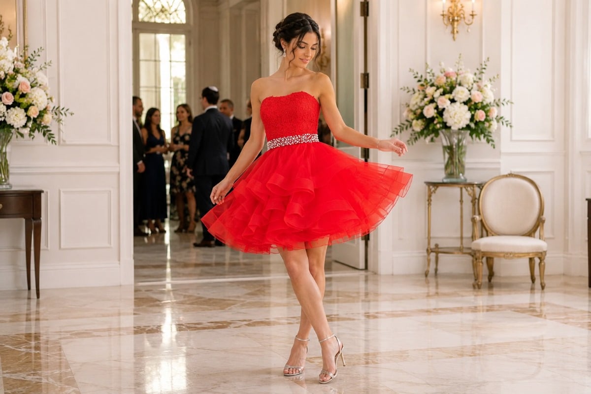 Red strapless tulle layered bat mitzvah guest dress