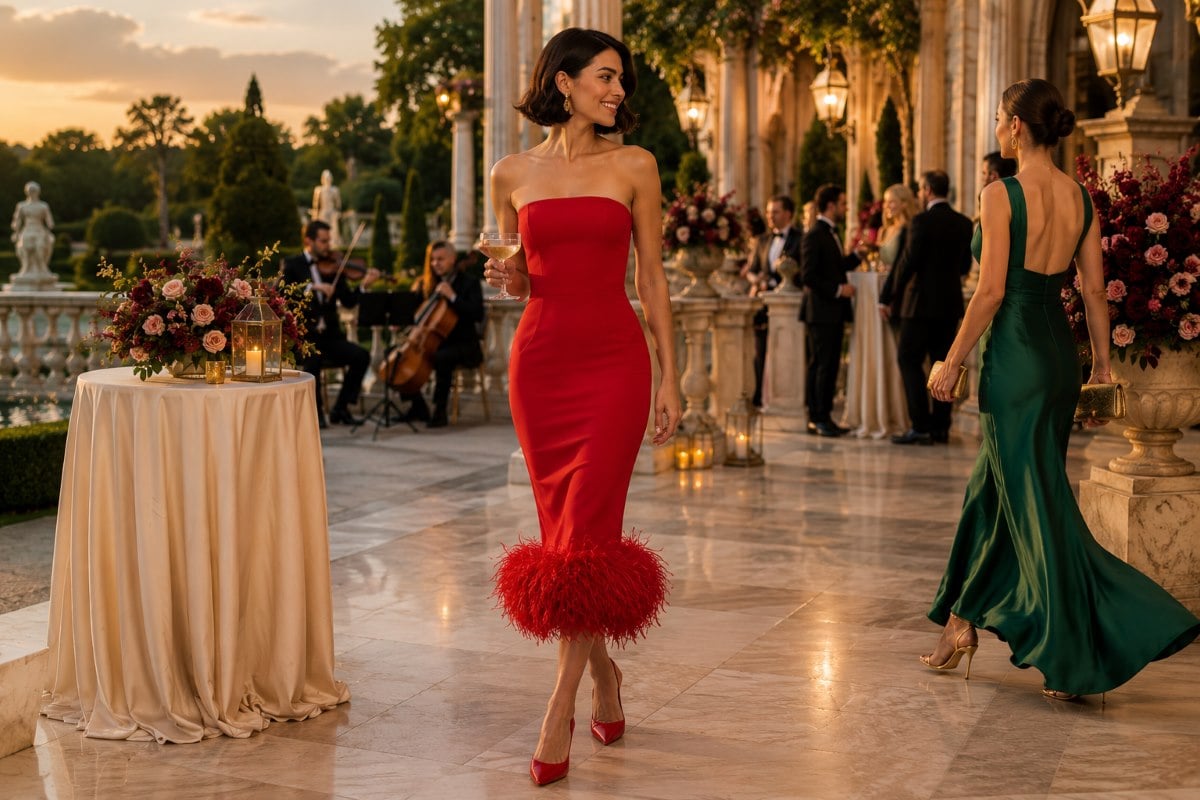 Red strapless wedding guest midi dress