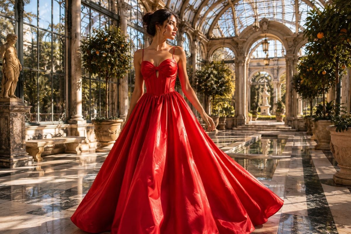 Red taffeta gown in natural light