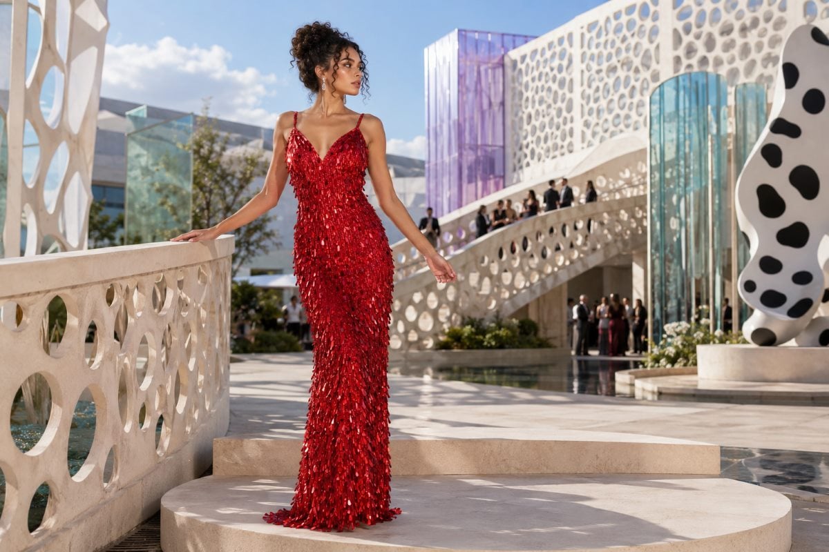 Red textured sequin prom gown editorial