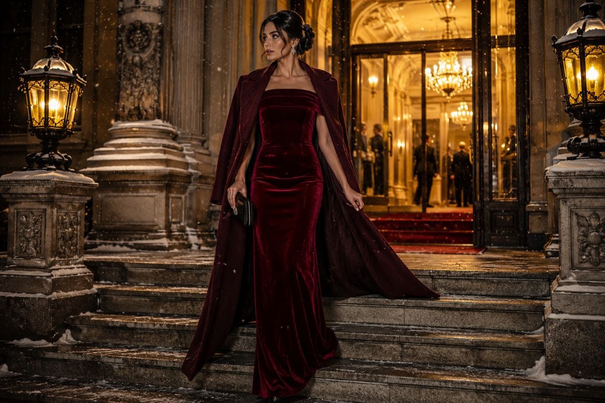 Woman in red velvet gown with evening coat