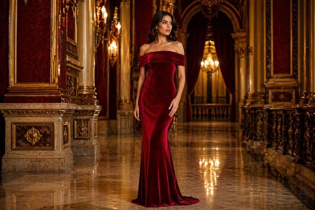Red off-shoulder velvet evening gown in a luxury ballroom