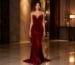 Deep red velvet prom gown full body