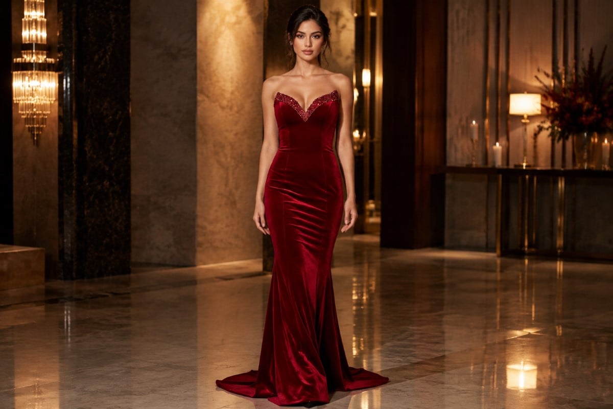 Deep red velvet prom gown full body