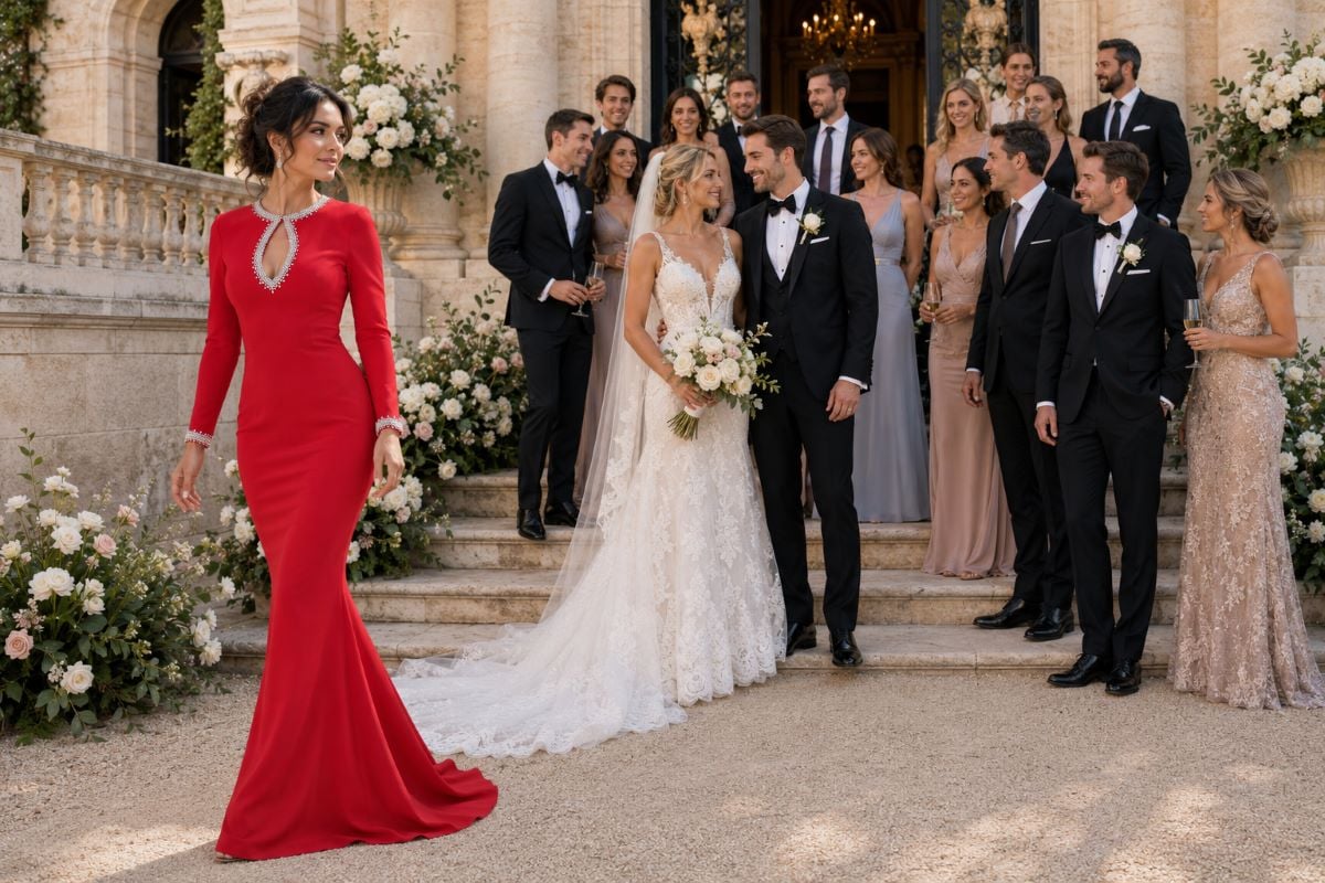 Red wedding guest formal photo look