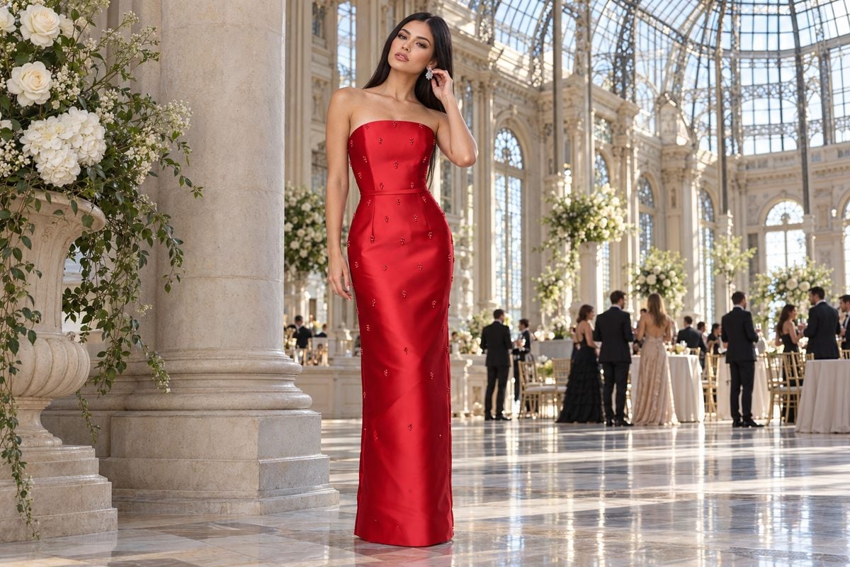 Red wedding guest gown editorial look