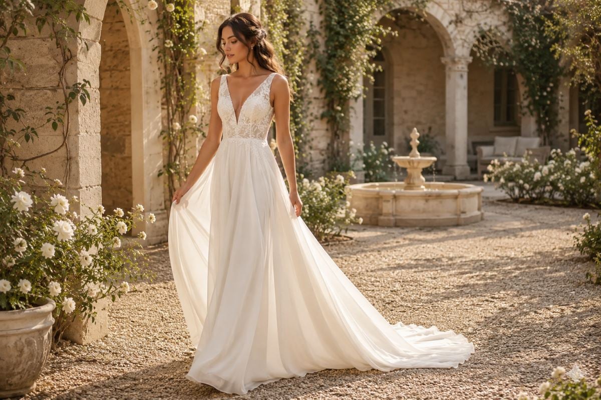 Romantic ivory A-line bridal gown with flowing chiffon skirt