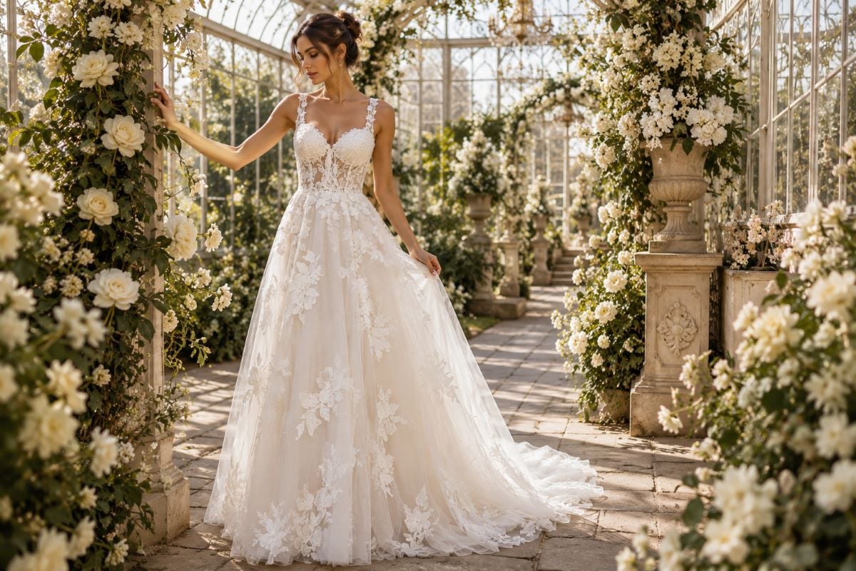 Romantic floral A-line bridal gown