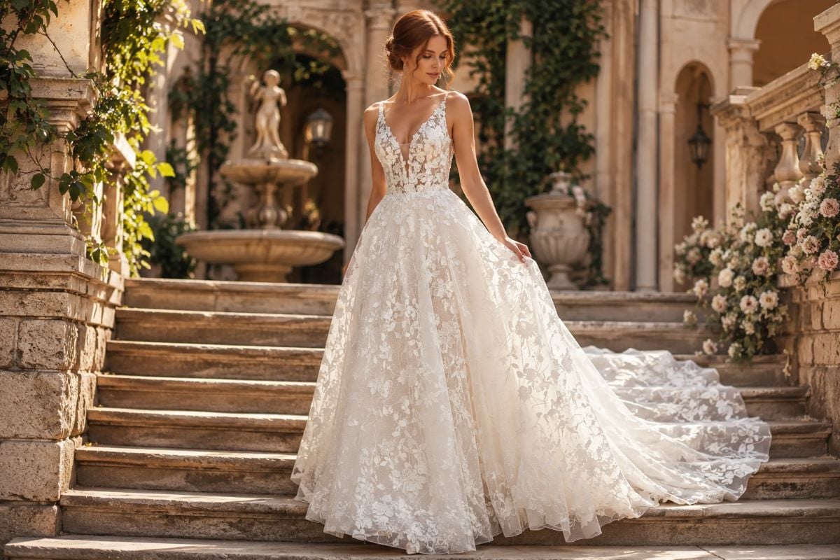 Romantic floral lace ball gown wedding dress