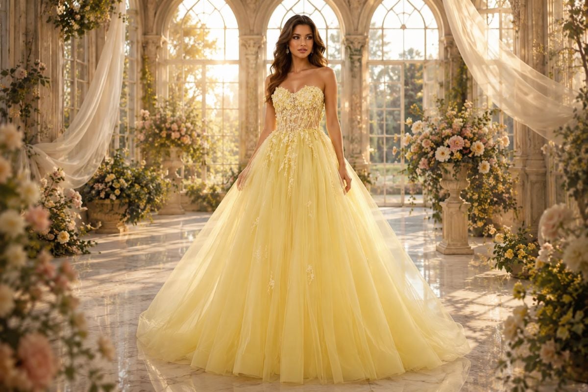 Romantic yellow tulle maximalist ball gown