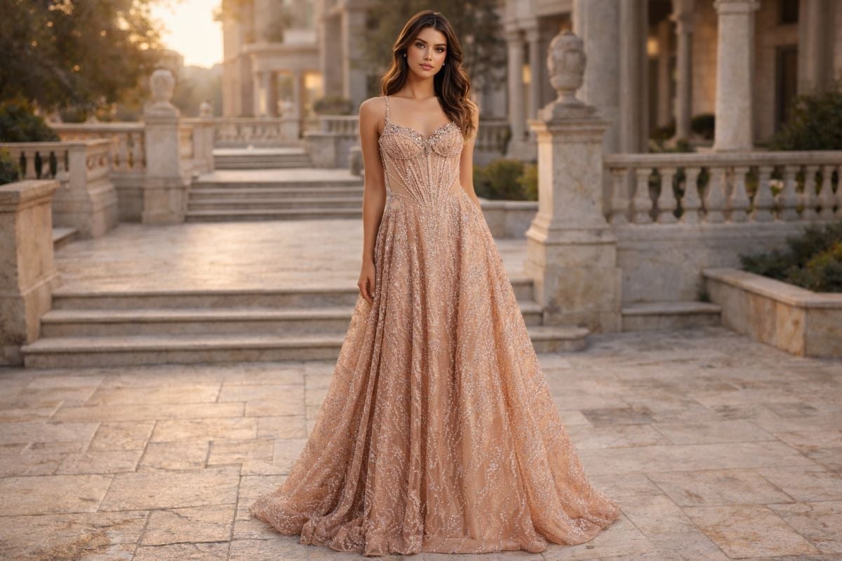 rose gold glitter tulle prom ball gown full body