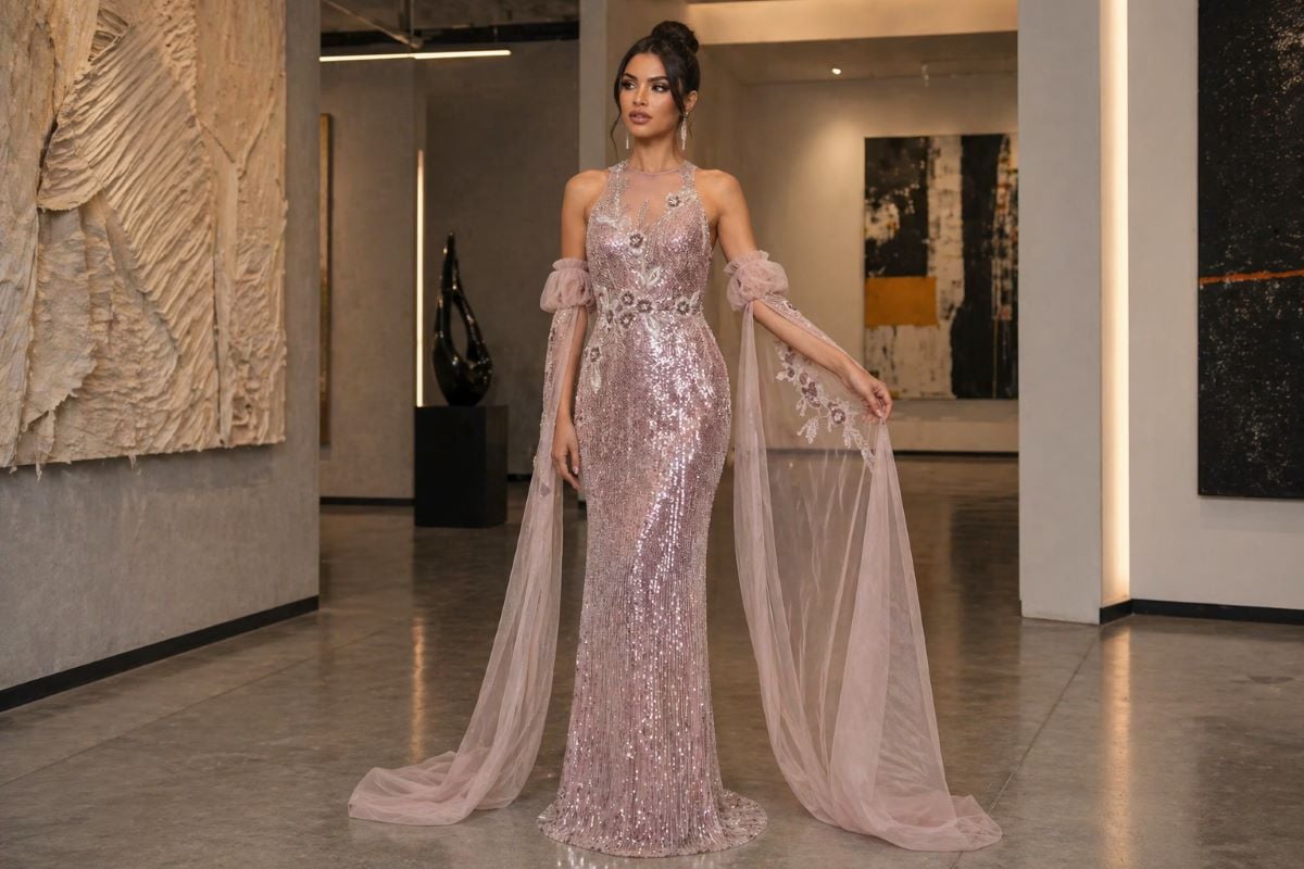 Full body rose gold halter evening gown with sheer panel and floral sequin embroidery