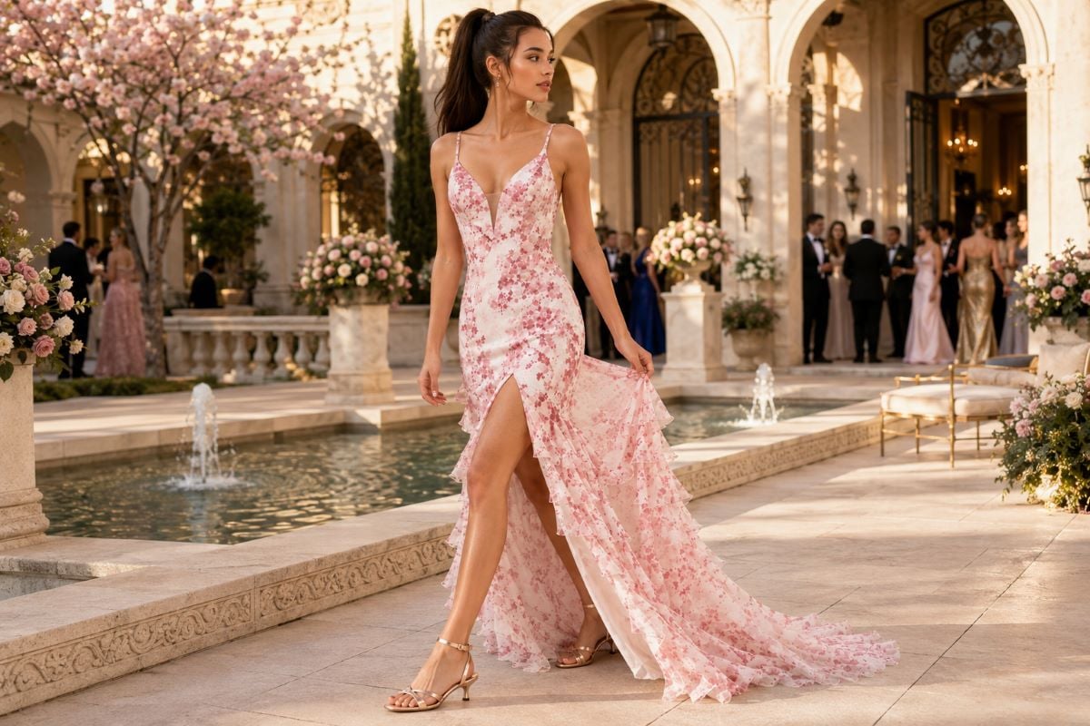 Rose gold heels with floral prom gown