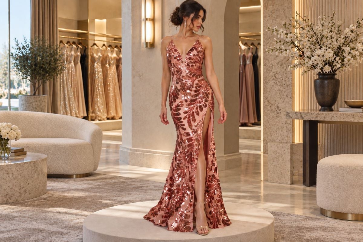 Rose gold sequin prom gown fitting