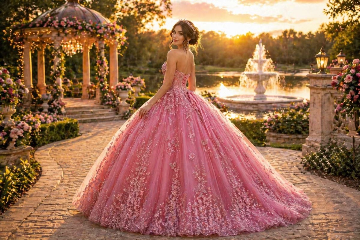 rose pink quinceañera ball gown with tulle skirt and floral appliqué