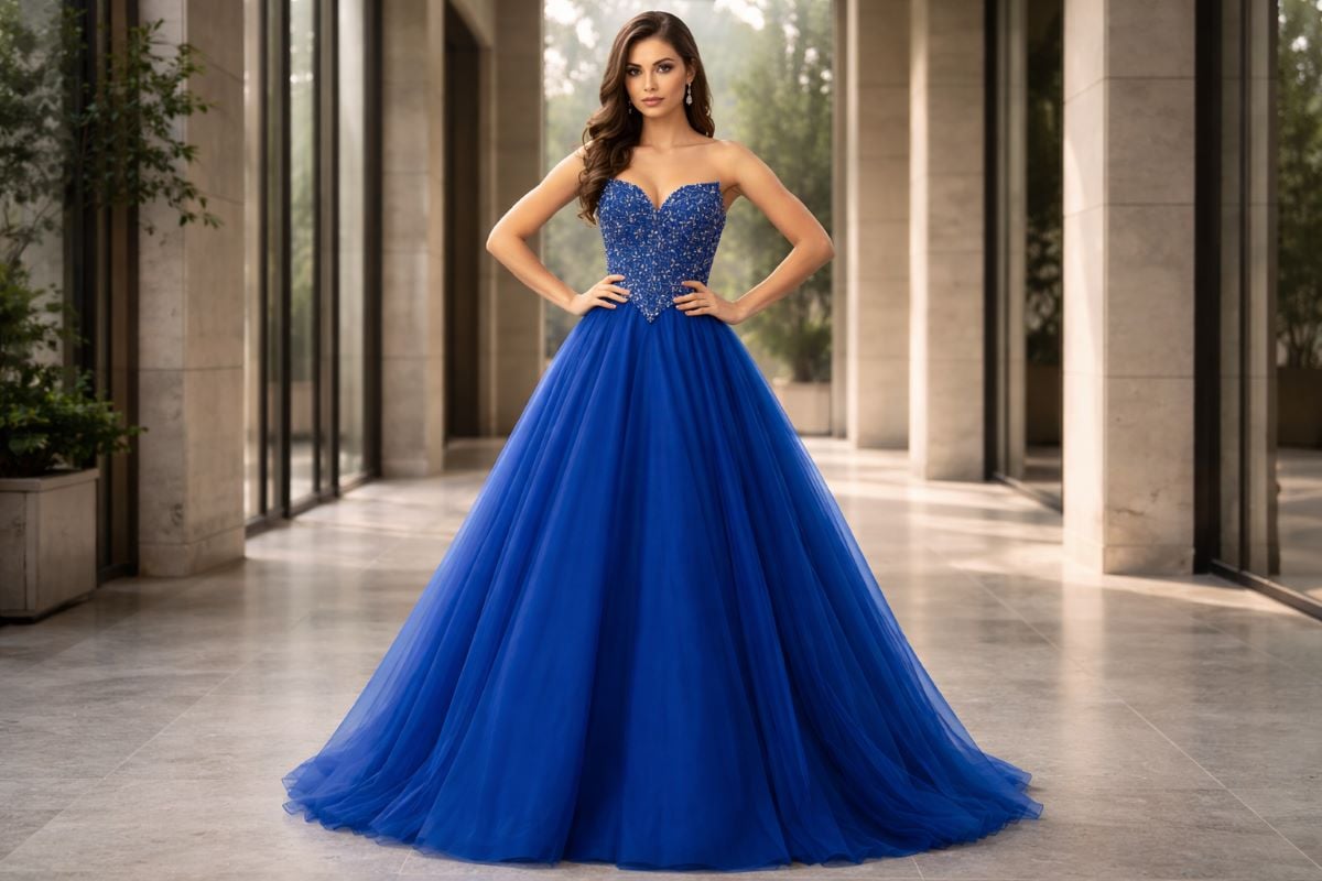 royal blue A-line prom dress strapless corset bodice
