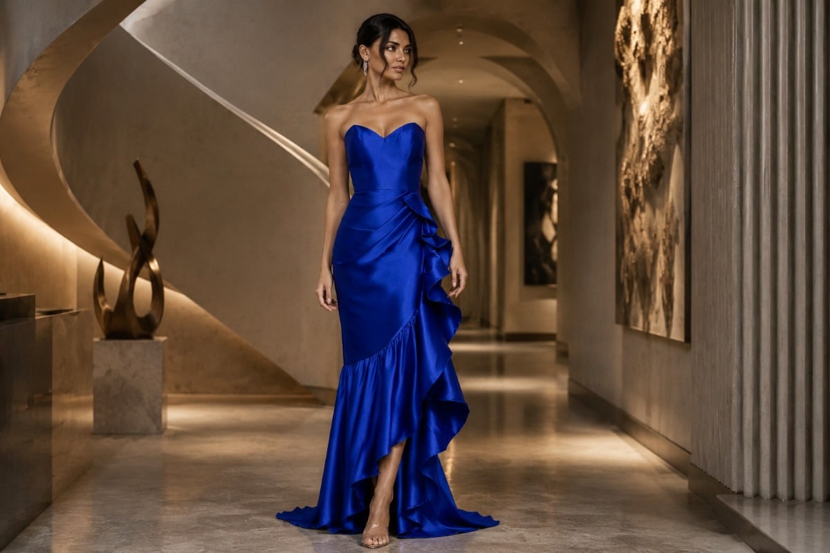 Royal blue asymmetric hem evening gown