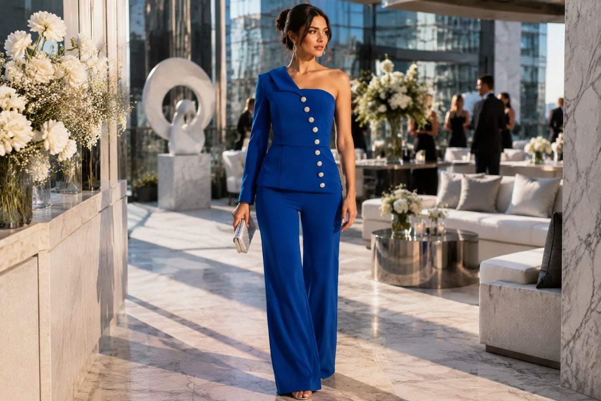 Royal blue asymmetric wedding jumpsuit