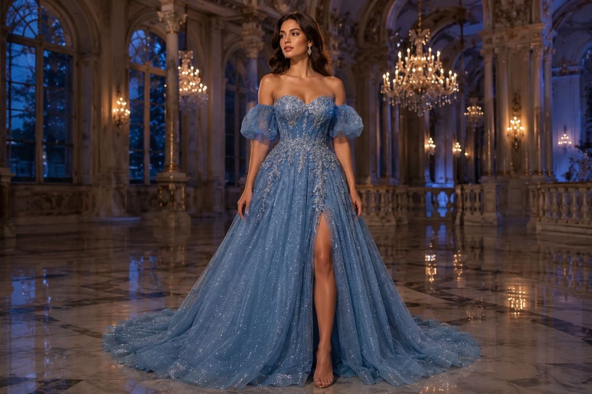 Blue Glitter Ball Gown With Slit