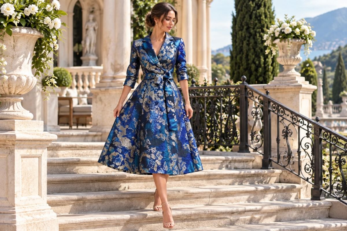 Royal blue brocade midi cocktail dress