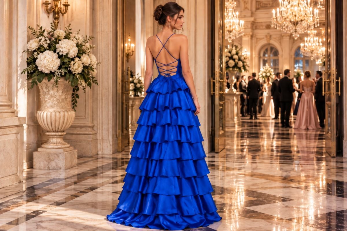 Royal blue crisscross back ruffle gown