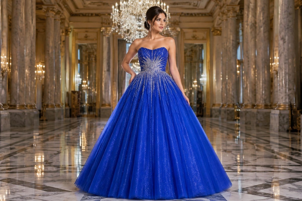 Blue crystal embellished ball gown in gala hall
