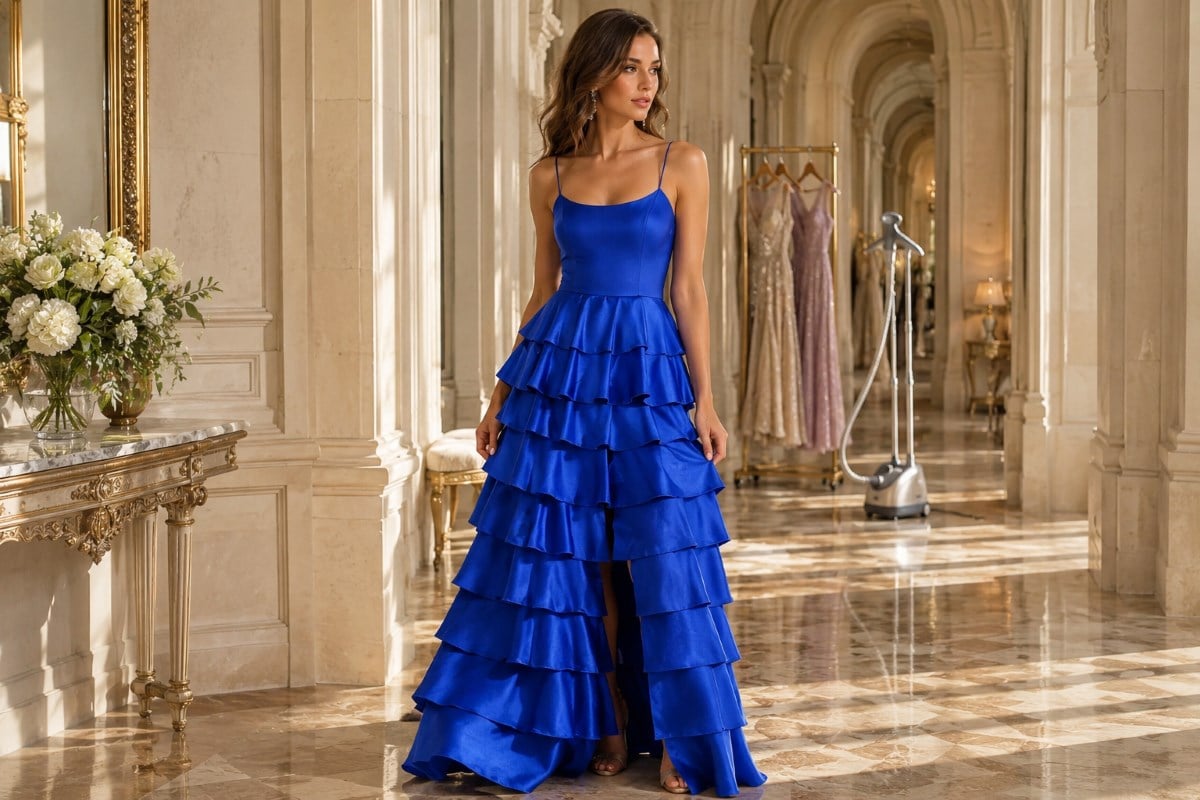 Royal blue layered gown steaming editorial