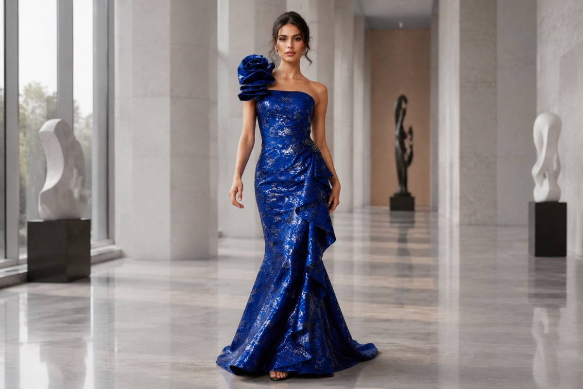 Royal blue mermaid gown editorial fashion look
