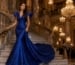 Royal blue train gown at gala entrance