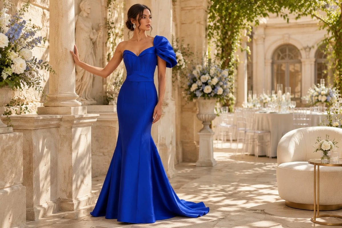 Royal blue mermaid wedding guest gown editorial