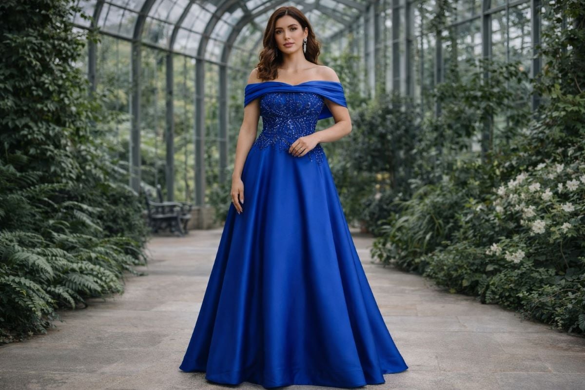 Royal blue off shoulder A-line mother of the bride gown