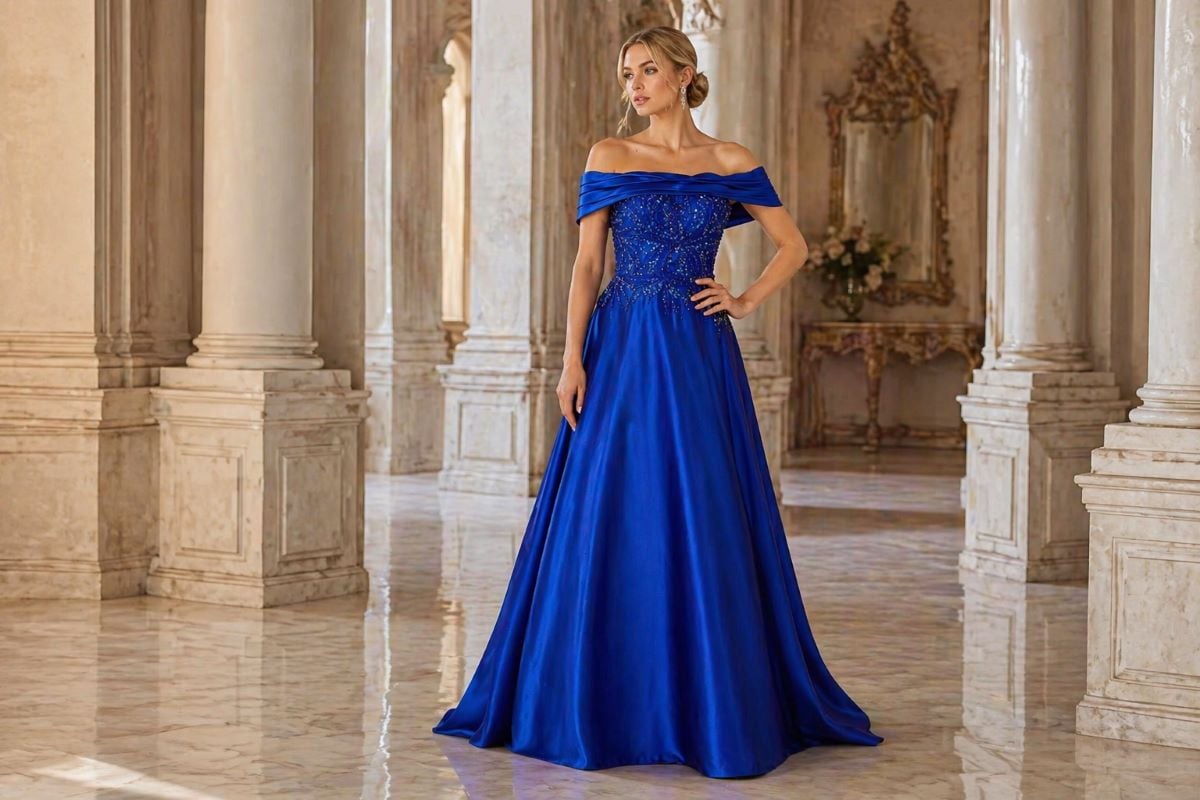 Royal blue off-shoulder A-line mother of the bride gown