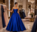 Model in royal blue satin prom ball gown at luxury trunk show