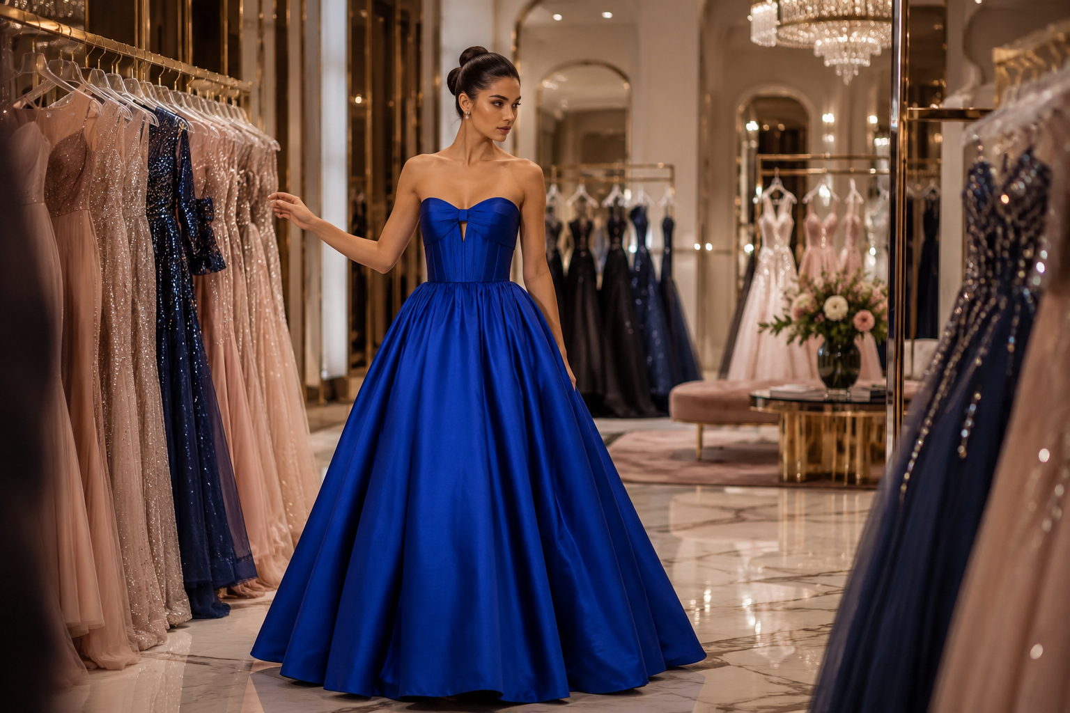 Model in royal blue satin prom ball gown at luxury trunk show