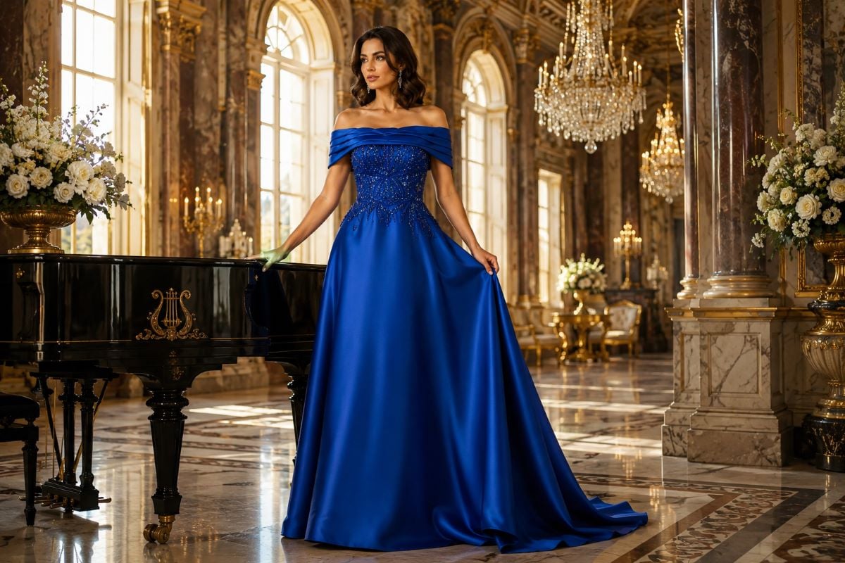 Royal blue satin A-line mother of bride gown