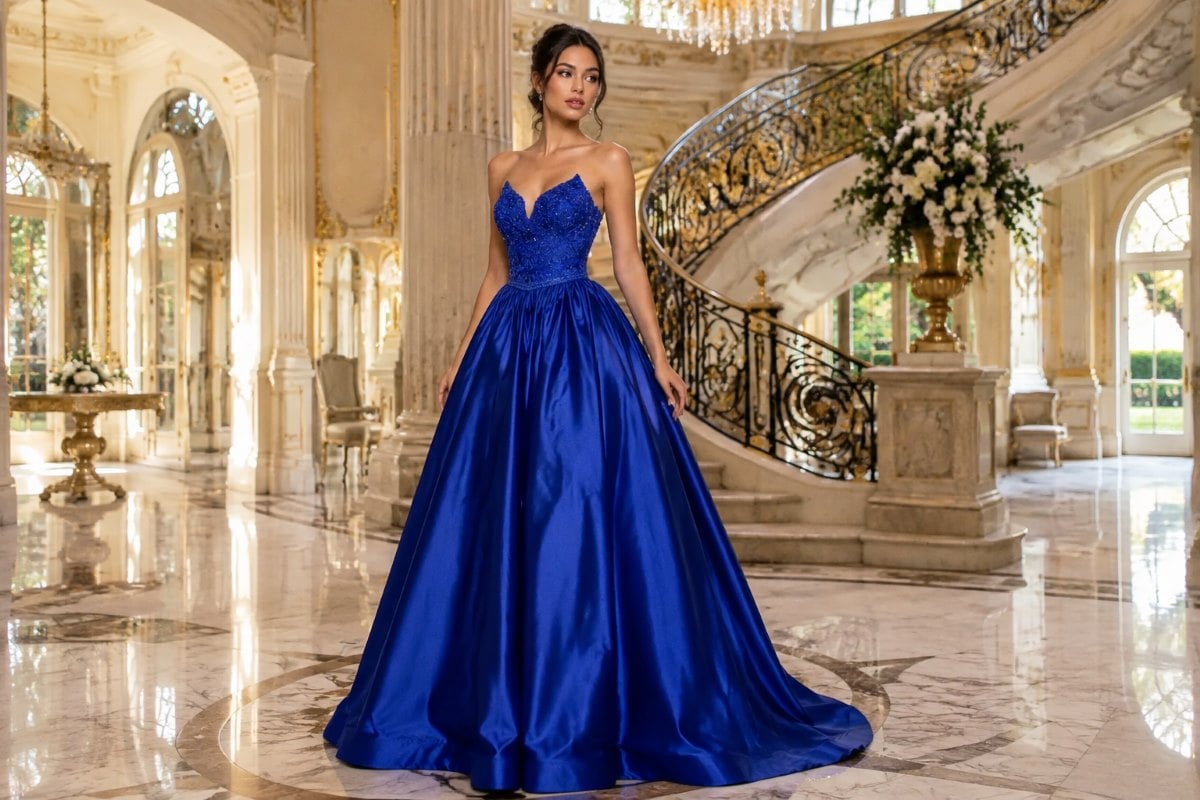 Royal blue satin ball gown editorial fashion look