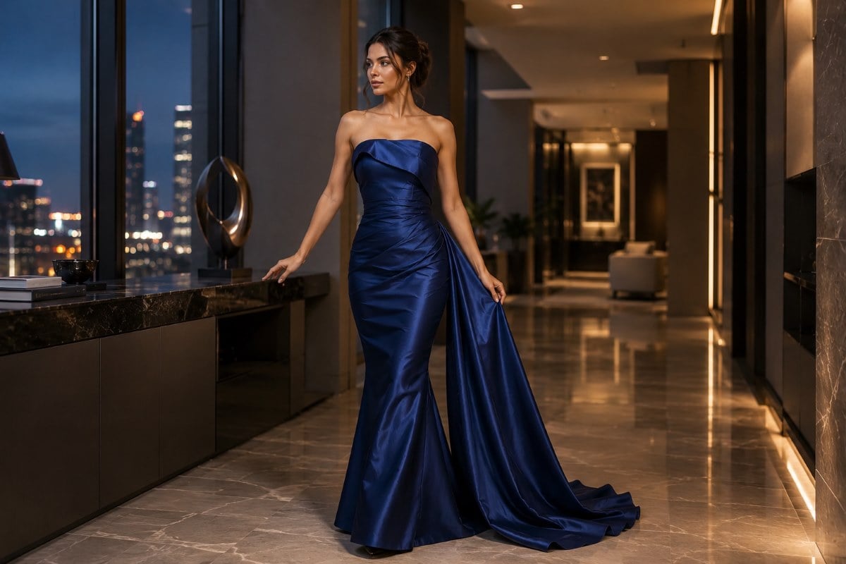 Royal blue satin mermaid gown in penthouse