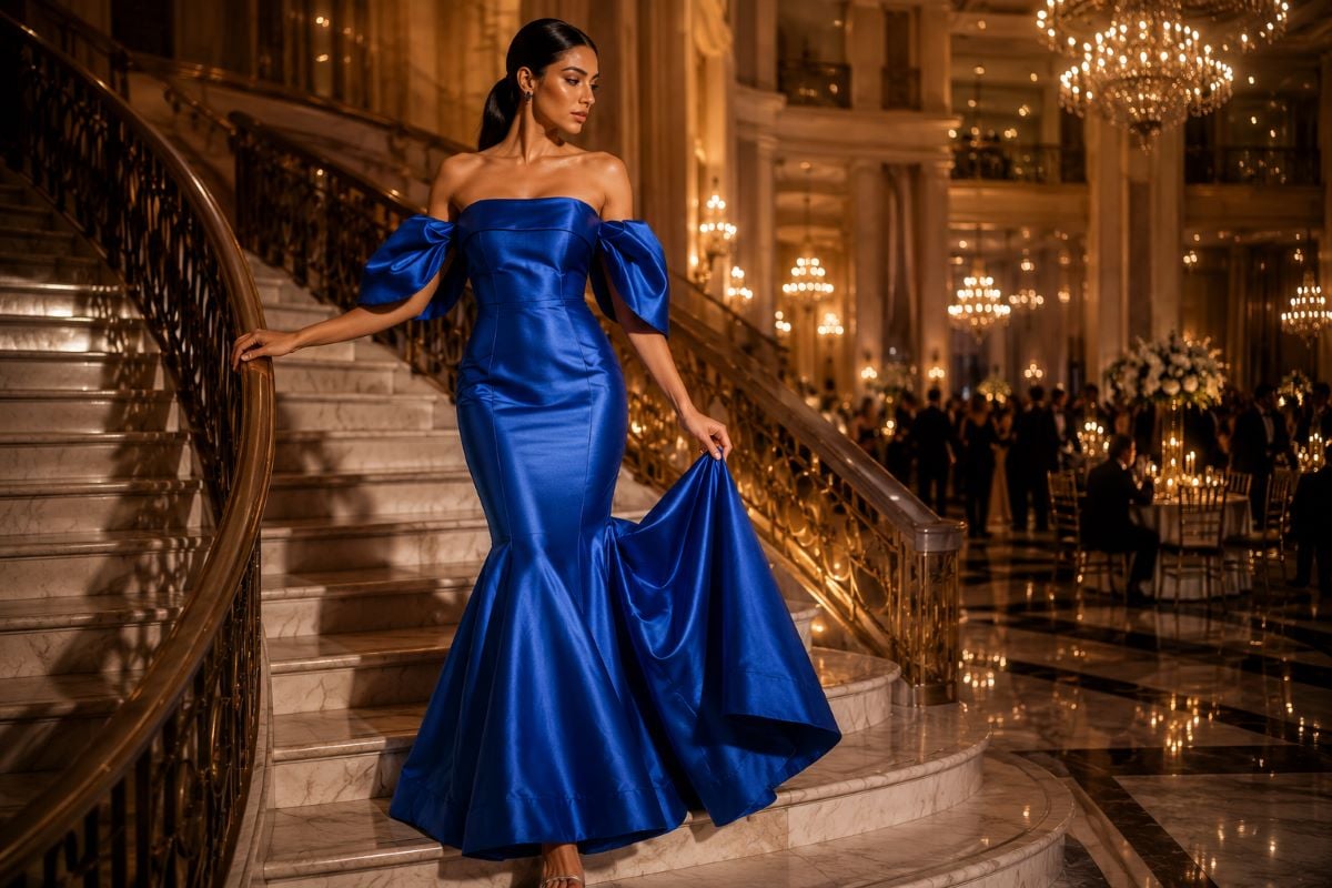 Royal blue satin mermaid wedding guest gown in luxury ballroom