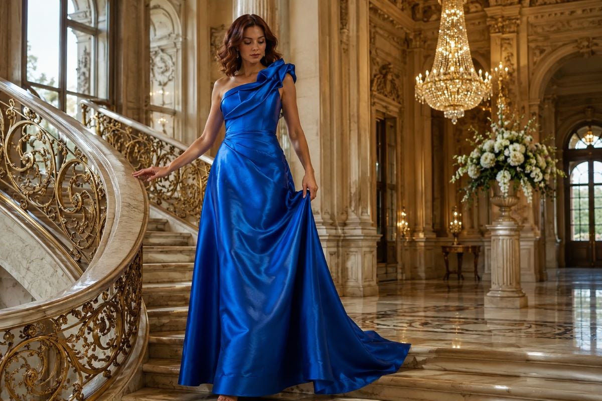Royal blue satin mother of bride gown