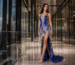 Royal blue sequin prom dress with fringe and high slit