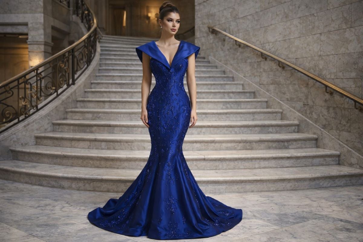 Royal blue mermaid gown with structured V-neckline