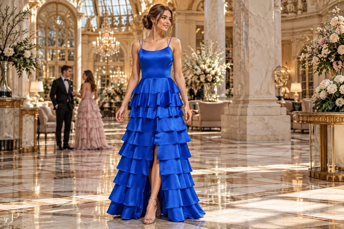Royal blue tiered prom dress editorial