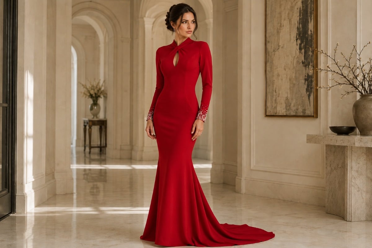 Ruby red mermaid evening gown for fair skin and blonde hair
