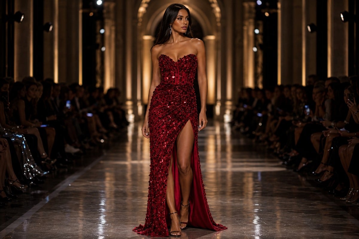Ruby red sequined gown with high slit