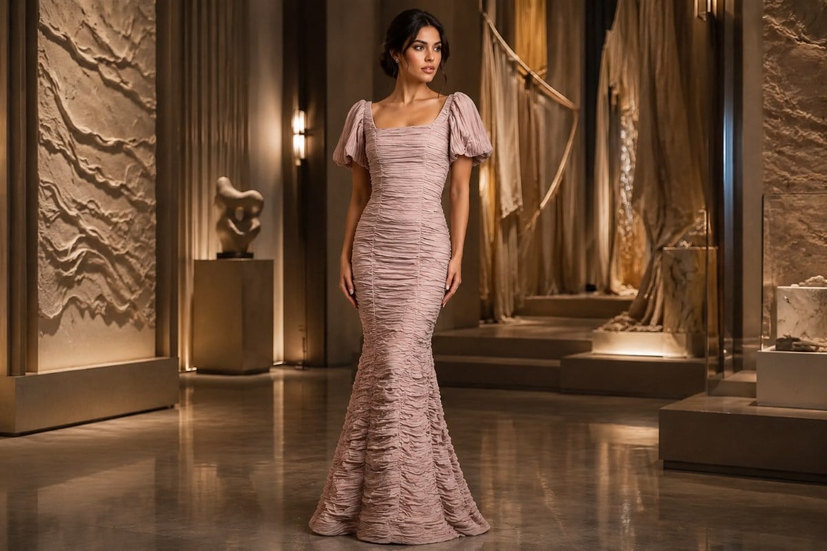 Ruched square neckline mermaid gown editorial