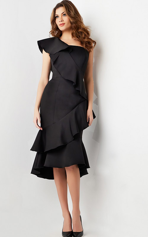 Front view of model in Jovani 25971 black dress showcasing ruffle and fitted style.